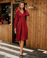 Wine Red Satin V Neck Midi Dress
