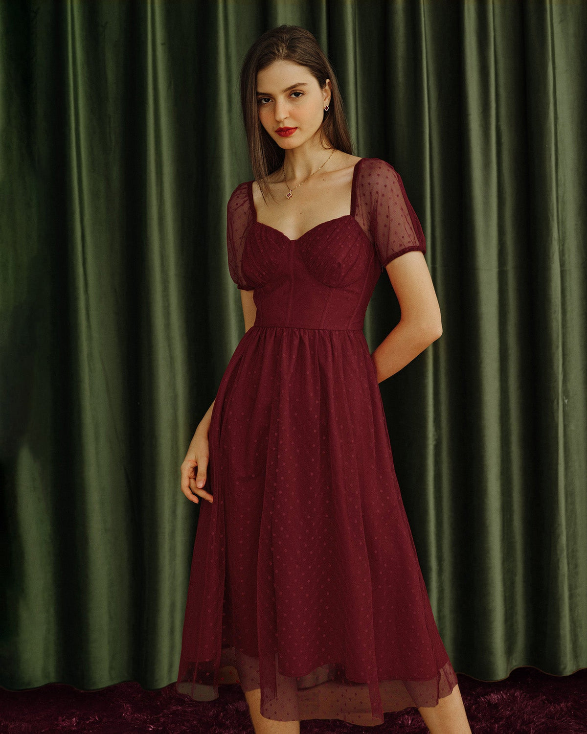 Red Sweetheart Neck Polka Dot Midi Dress