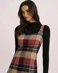 Red U Neck Plaid Mini Dress